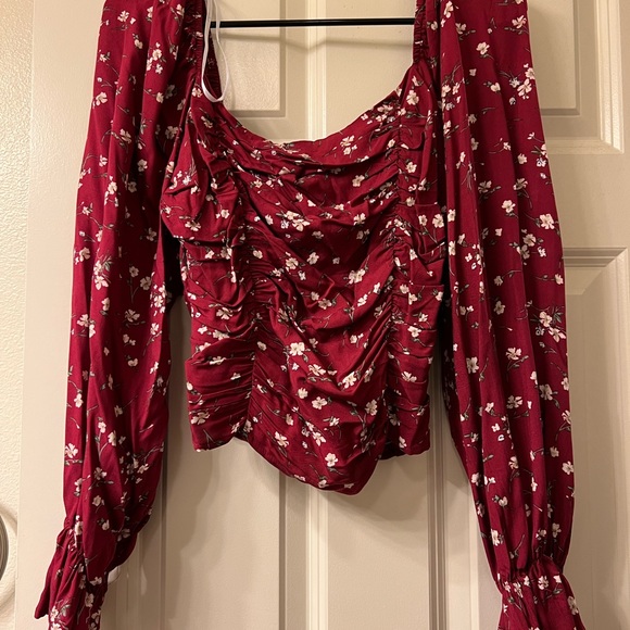 Lulus Fall For Flowers Burgundy Floral Print Ruched Long Sleeve Top - Picture 5 of 6